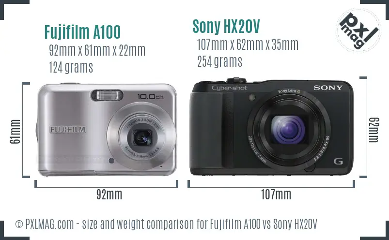 Fujifilm A100 vs Sony HX20V size comparison