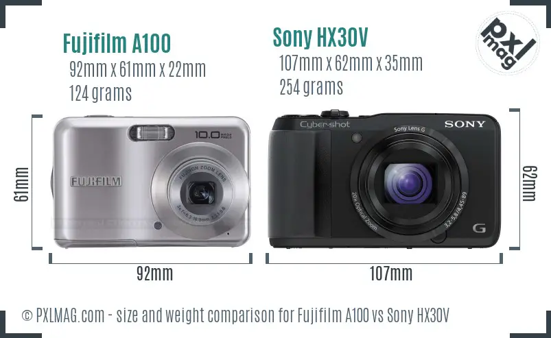 Fujifilm A100 vs Sony HX30V size comparison