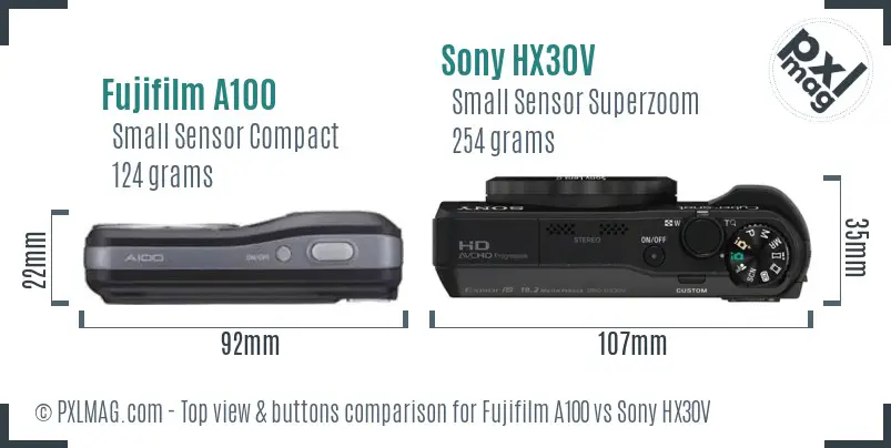 Fujifilm A100 vs Sony HX30V top view buttons comparison