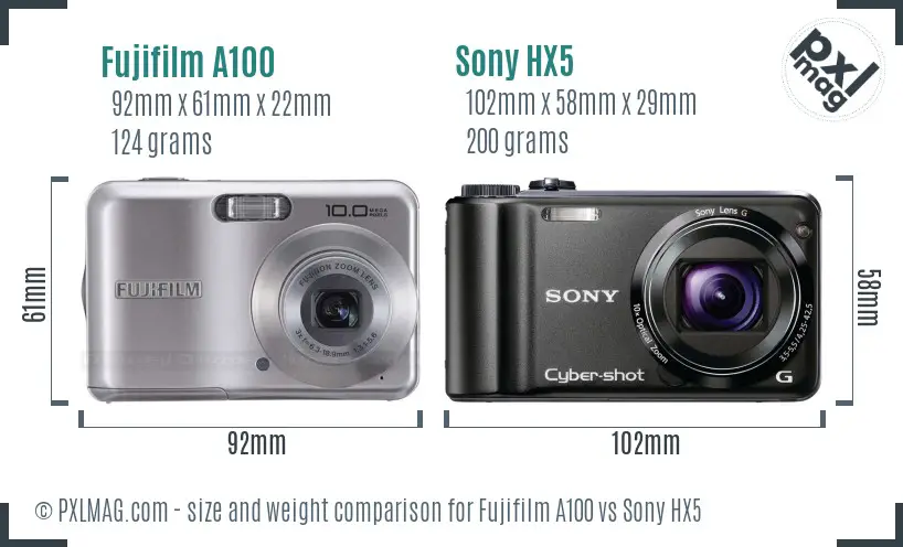 Fujifilm A100 vs Sony HX5 size comparison