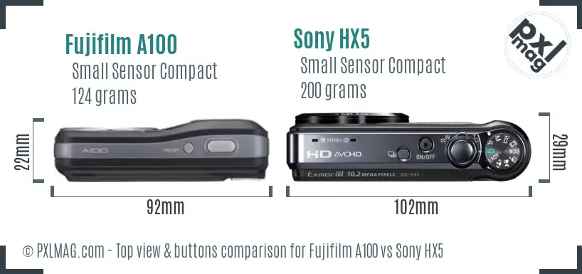 Fujifilm A100 vs Sony HX5 top view buttons comparison