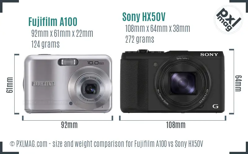 Fujifilm A100 vs Sony HX50V size comparison