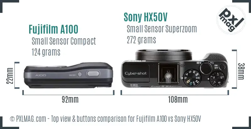 Fujifilm A100 vs Sony HX50V top view buttons comparison