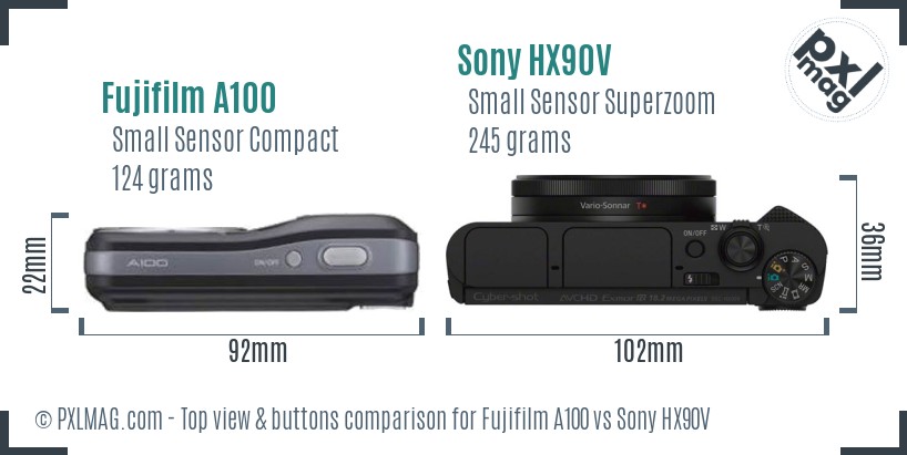 Fujifilm A100 vs Sony HX90V top view buttons comparison