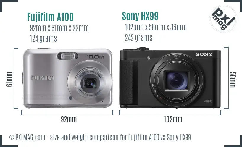 Fujifilm A100 vs Sony HX99 size comparison