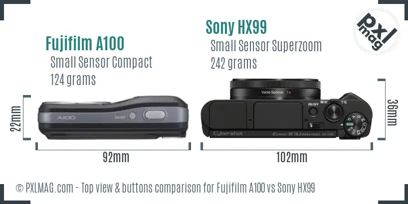 Fujifilm A100 vs Sony HX99 top view buttons comparison