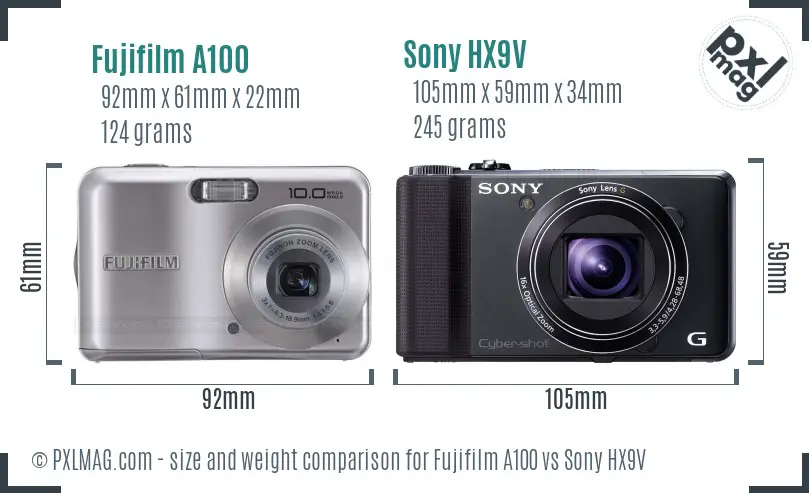 Fujifilm A100 vs Sony HX9V size comparison
