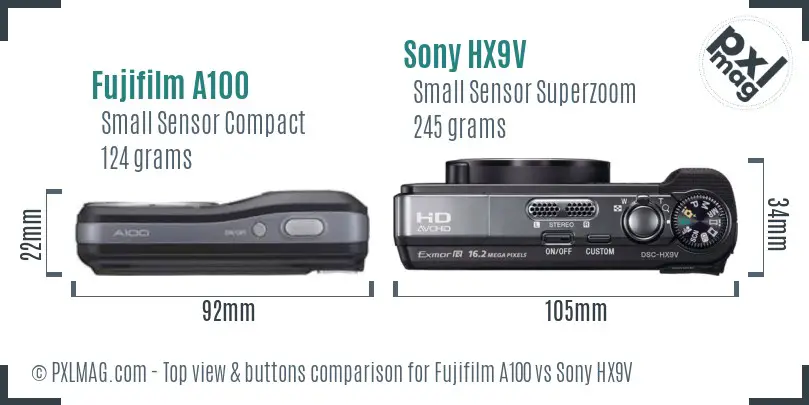 Fujifilm A100 vs Sony HX9V top view buttons comparison