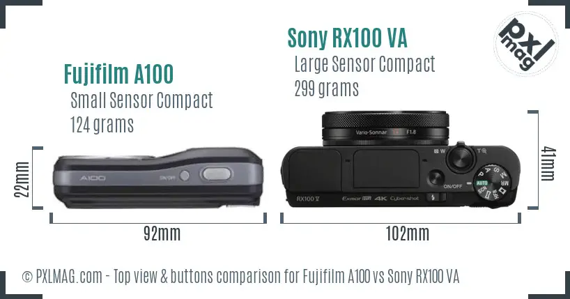 Fujifilm A100 vs Sony RX100 VA top view buttons comparison