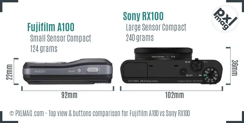 Fujifilm A100 vs Sony RX100 top view buttons comparison