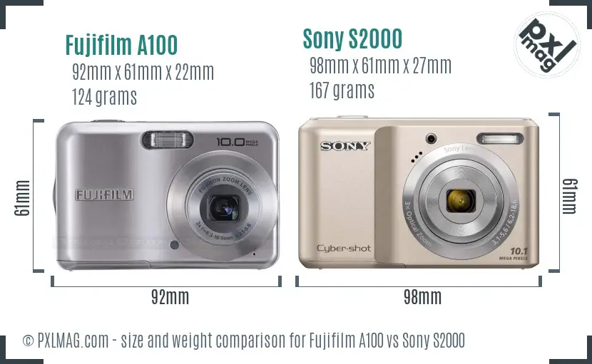 Fujifilm A100 vs Sony S2000 size comparison