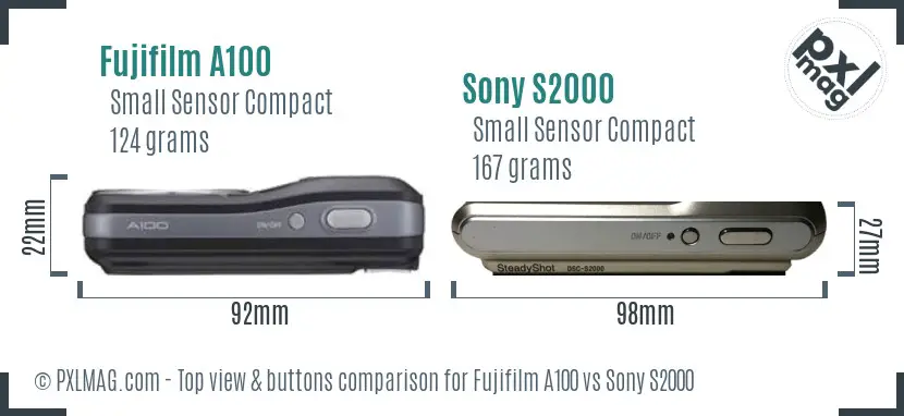 Fujifilm A100 vs Sony S2000 top view buttons comparison