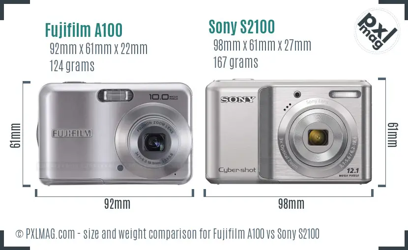 Fujifilm A100 vs Sony S2100 size comparison