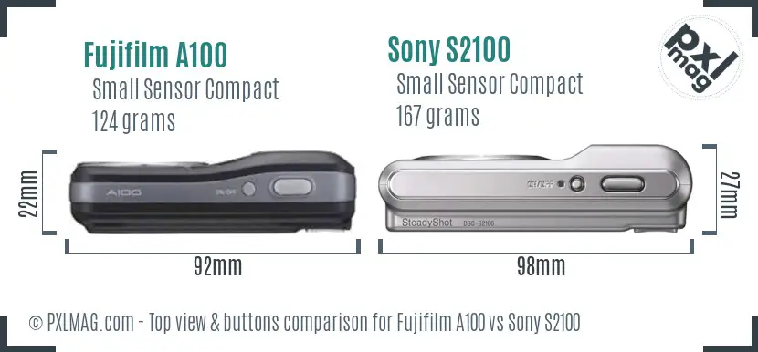 Fujifilm A100 vs Sony S2100 top view buttons comparison