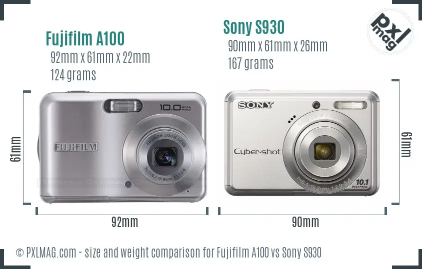 Fujifilm A100 vs Sony S930 size comparison