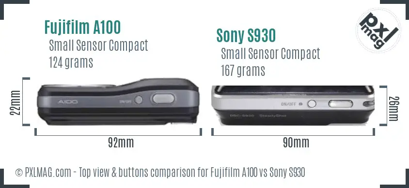 Fujifilm A100 vs Sony S930 top view buttons comparison