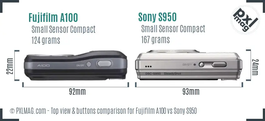 Fujifilm A100 vs Sony S950 top view buttons comparison