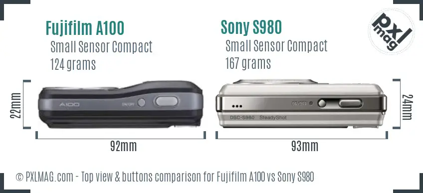 Fujifilm A100 vs Sony S980 top view buttons comparison Fujifilm A100 vs Sony S980 top view buttons comparison