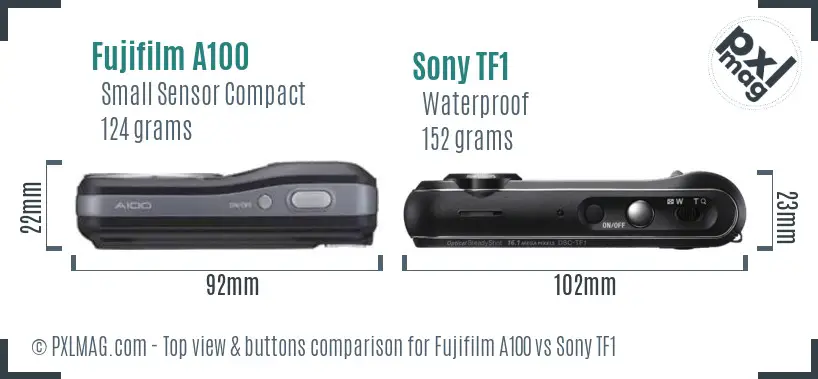 Fujifilm A100 vs Sony TF1 top view buttons comparison