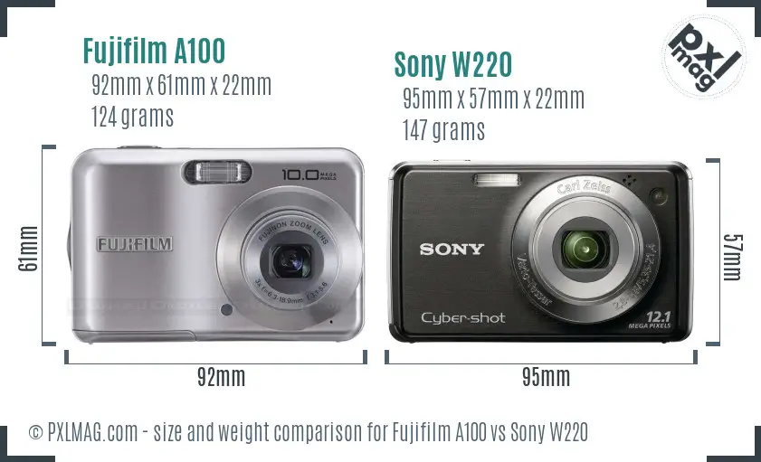 Fujifilm A100 vs Sony W220 size comparison