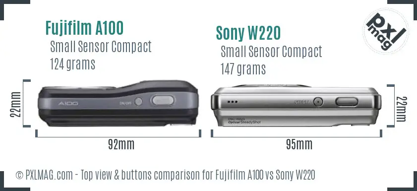 Fujifilm A100 vs Sony W220 top view buttons comparison