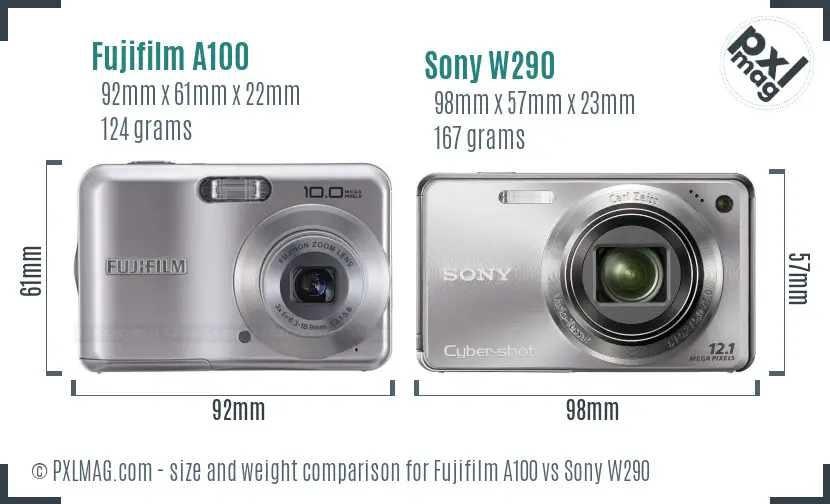 Fujifilm A100 vs Sony W290 size comparison