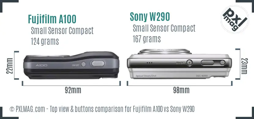 Fujifilm A100 vs Sony W290 top view buttons comparison
