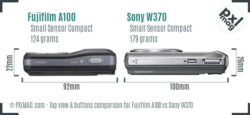 Fujifilm A100 vs Sony W370 top view buttons comparison