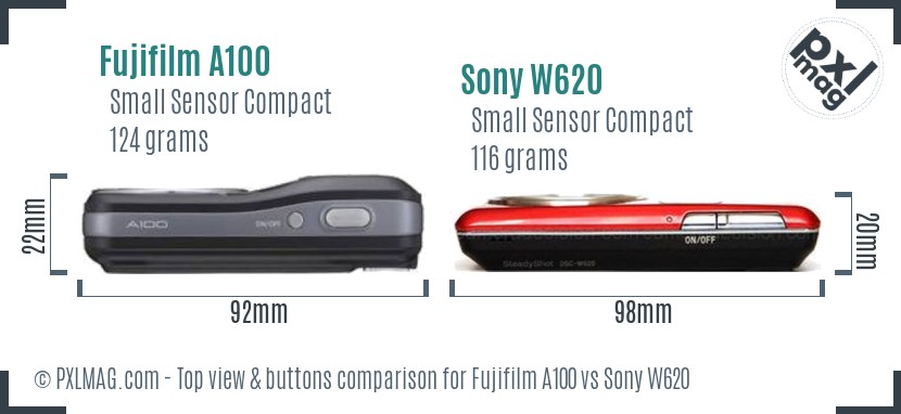 Fujifilm A100 vs Sony W620 top view buttons comparison