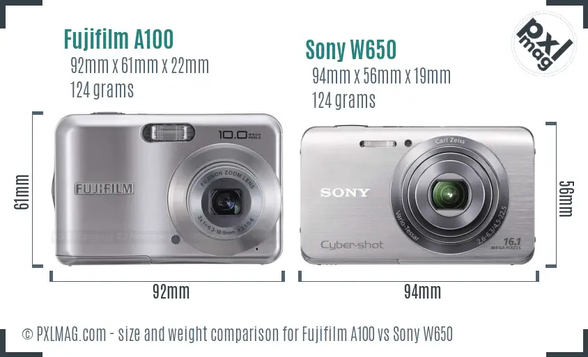 Fujifilm A100 vs Sony W650 size comparison Fujifilm A100 vs Sony W650 size comparison