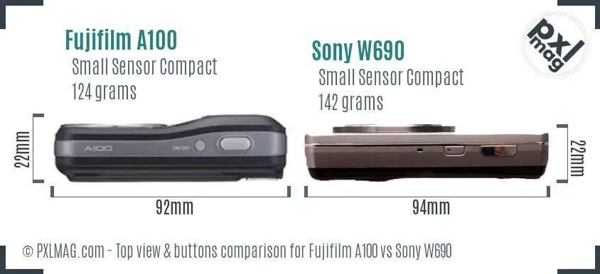 Fujifilm A100 vs Sony W690 top view buttons comparison