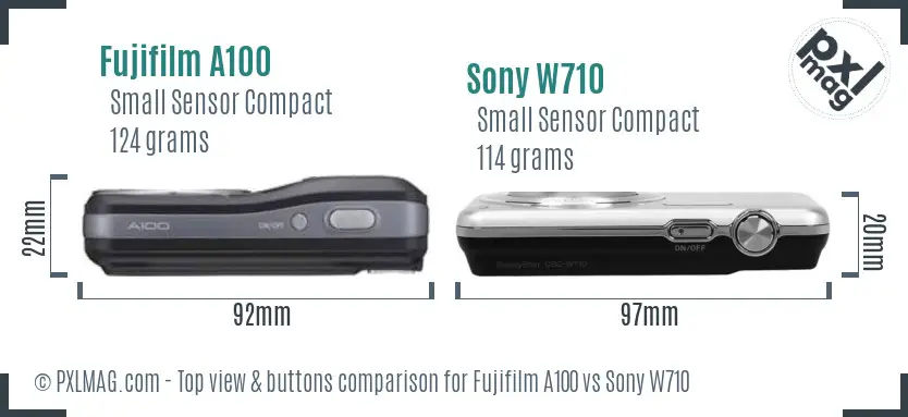 Fujifilm A100 vs Sony W710 top view buttons comparison Fujifilm A100 vs Sony W710 top view buttons comparison