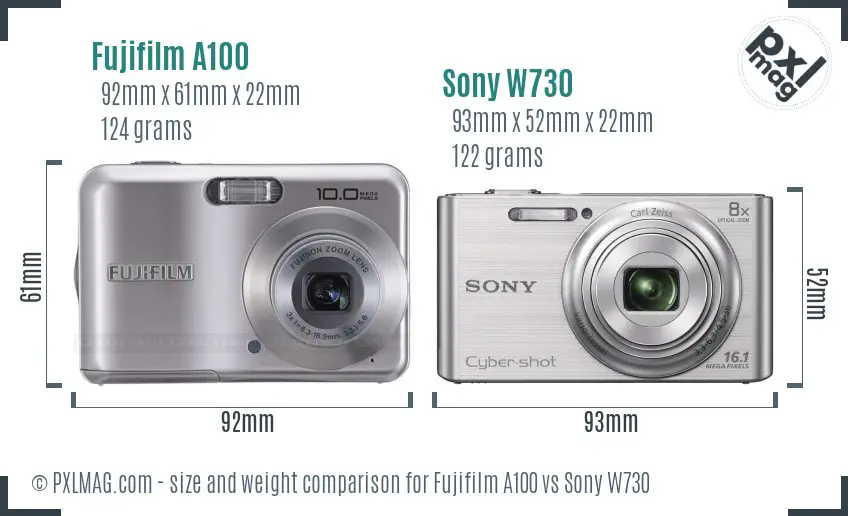 Fujifilm A100 vs Sony W730 size comparison