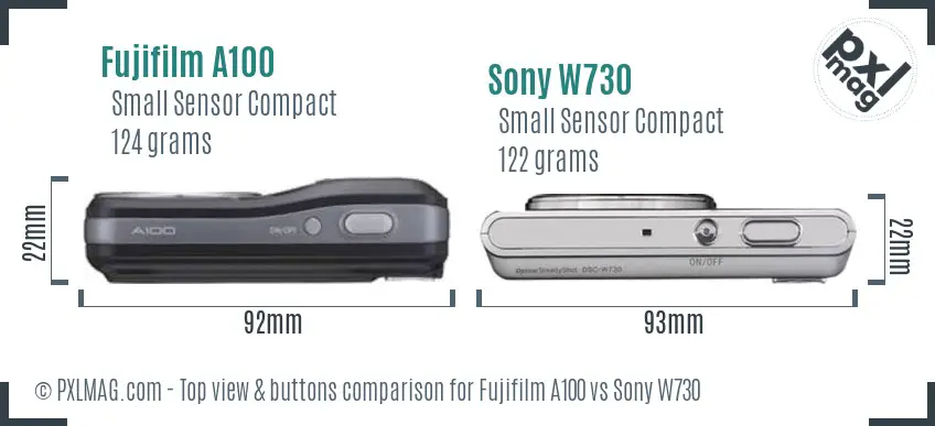 Fujifilm A100 vs Sony W730 top view buttons comparison