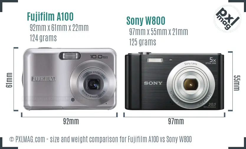 Fujifilm A100 vs Sony W800 size comparison