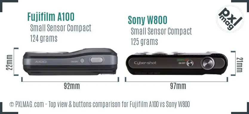 Fujifilm A100 vs Sony W800 top view buttons comparison