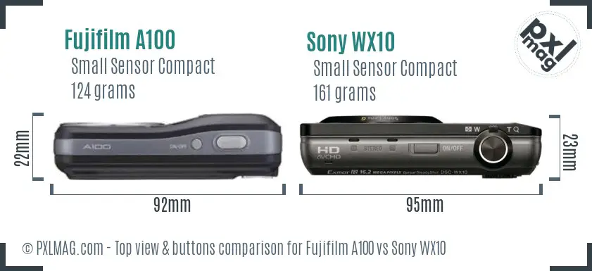 Fujifilm A100 vs Sony WX10 top view buttons comparison Fujifilm A100 vs Sony WX10 top view buttons comparison
