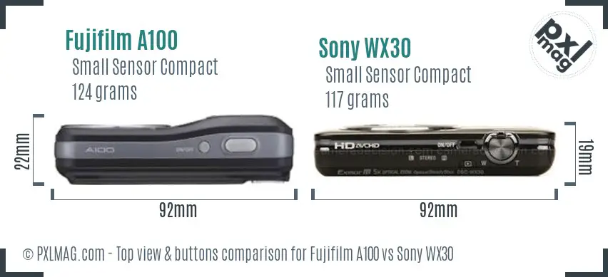 Fujifilm A100 vs Sony WX30 top view buttons comparison