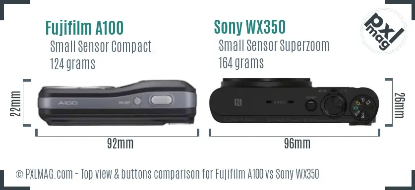 Fujifilm A100 vs Sony WX350 top view buttons comparison