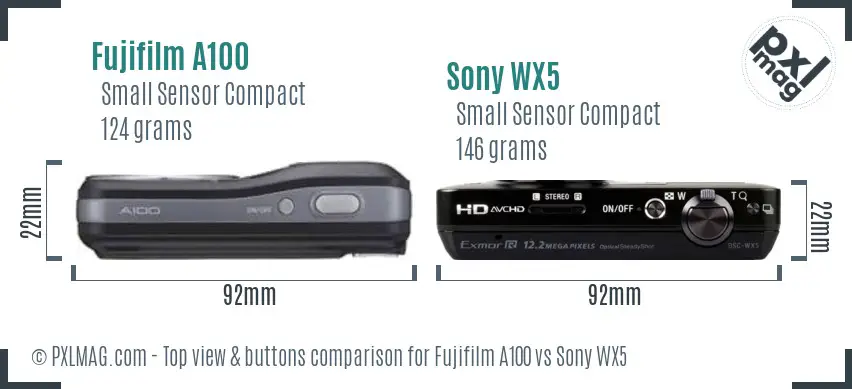 Fujifilm A100 vs Sony WX5 top view buttons comparison