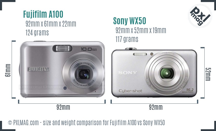 Fujifilm A100 vs Sony WX50 size comparison