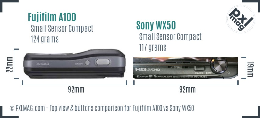 Fujifilm A100 vs Sony WX50 top view buttons comparison