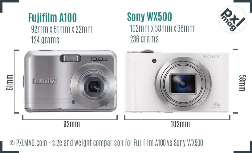 Fujifilm A100 vs Sony WX500 size comparison