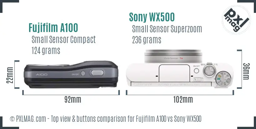 Fujifilm A100 vs Sony WX500 top view buttons comparison