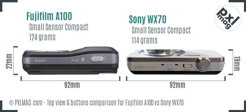 Fujifilm A100 vs Sony WX70 top view buttons comparison Fujifilm A100 vs Sony WX70 top view buttons comparison