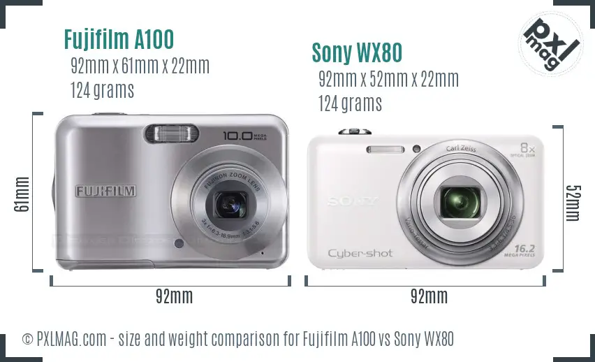 Fujifilm A100 vs Sony WX80 size comparison