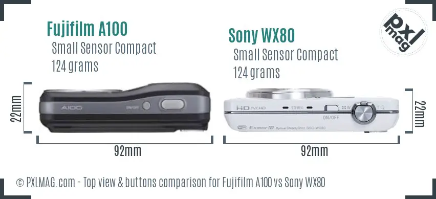 Fujifilm A100 vs Sony WX80 top view buttons comparison