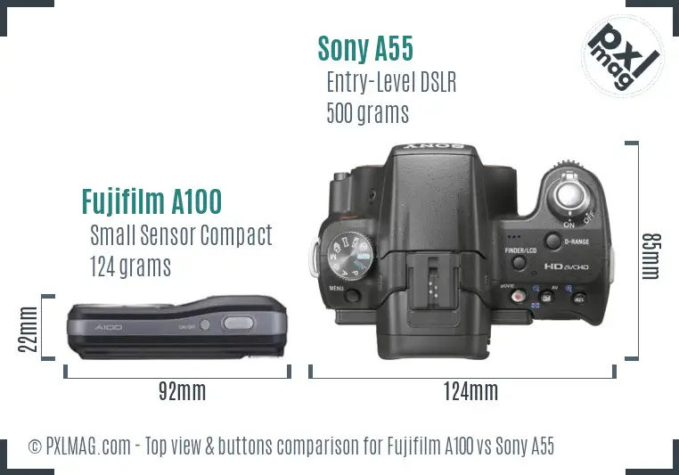 Fujifilm A100 vs Sony A55 top view buttons comparison
