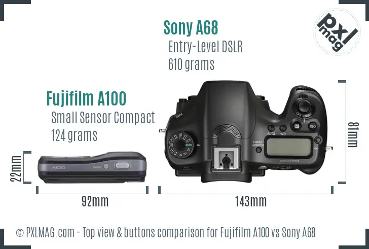 Fujifilm A100 vs Sony A68 top view buttons comparison Fujifilm A100 vs Sony A68 top view buttons comparison