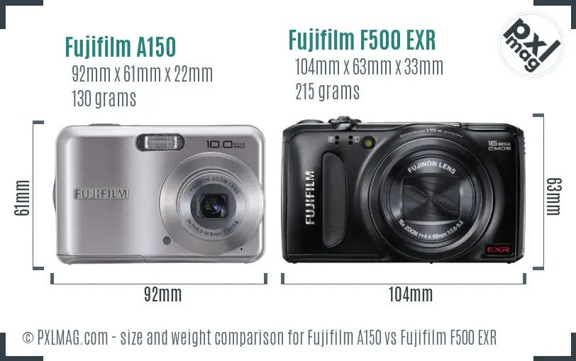 Fujifilm A150 vs Fujifilm F500 EXR size comparison